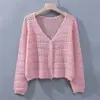 2025 Cardigan de Punto con Protección Solar de Seda de Hielo para Mujer Verano Talla Grande Cuello en V Color Sólido Delgado Hueco Chal Exterior Chaqueta Corta