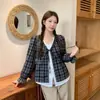 Otoño 2026 Nuevas Llegadas Tallas Grandes Mujer Estilo Coreano Retro Cuadros Manga Larga Blusa Falsa de Dos Piezas Con Cordones Camisa Pequeña Delgada