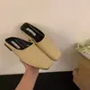Chinelos de Mola Retrô para Gordinhas, Chinelos Respiráveis de Tecido Plano, Chinelos Meia-Bota de Bico Quadrado, Chinelos Frescos Estilo Mori