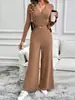 Nueva colección de otoño e invierno de ropa europea y americana transfronteriza para mujer: un top entallado, de manga larga y escote en V cruzado combinado con pantalones de pierna ancha para un look casual
