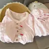 Nuevo Estilo Conjunto de Pijama de Doble Raya Larga con Almohadilla en el Pecho para Mujer Primavera y Otoño Cárdigan Dulce Fresco Color Sólido Encaje Conjunto de Ropa para el Hogar