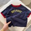 Playera de Verano de Manga Corta para Niños y Niñas, Estilo Japonés con Parche de Letras y Bloques de Color, Moderna Camiseta de Algodón Puro de Media Manga para Niños Pequeños
