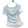 Camiseta de Manga Corta para Mujer, Nuevo Estilo Verano 2026, Estilo Francés Pura Pasión, Empalme de Encaje, Top Corto Ajustado, Moderno