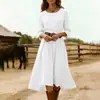 Nuevo vestido de algodón y lino de color liso, cuello redondo, manga larga, entallado a la cintura, estilo cruzado europeo y americano para mujer, longitud media, estilo casual de vacaciones, azul