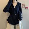 Camisa Polo Falsa de Duas Peças com Manga Longa para Mulheres, Novo Estilo Outono 2025, Tamanho Grande Modelador de Cintura Elegante