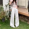 Pantalones blancos de pierna ancha de algodón puro, no elásticos, holgados, casuales, cómodos, corte recto, adelgazantes, estilo clásico simple, mezclilla suave blanca pura para mujer