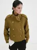 Bestseller Transfronterizo Europeo y Americano Gabardina Corta para Mujer Cuello Alto Doble Botonadura Diseño de Hombreras Chaqueta Abrigo Casual Retro de Trabajo