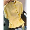 Verão 2026 Novo Estilo Novo Estilo Chinês Camisa de Botão Gola Alta Amarrar Manga Curta Amarelo Elegante Top Retrô