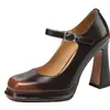 Zapatos de moda elegantes de una sola tira, zapatos de tacón alto retro negros para mujer, nuevo modelo 2026, zapatos Mary Jane de punta cuadrada con tacón grueso