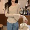 Blusa Feminina de Malha para Outono, Slim, Plissada, Decote Baixo Amplo e Mangas Sino