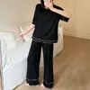 Pijama de verano para mujer, cuello redondo de modal, bordes de doble capa, simple casual holgado de manga corta y pantalón largo conjunto para casa