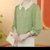 Camisa de verano para mujer de mediana edad y mayor, con cuello de muñeca que reduce la edad, nuevo estilo, color verde que hace que la piel luzca más clara, top de manga media