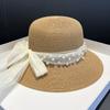 Sombrero de paja elegante de verano con malla de perla y lazo para mujer, sombrero de protección solar francés, sombrero de pescador playero, sombrero de lavabo