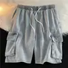 Shorts Jeans de Trabalho Estilo Hong Kong com Cintura Elástica Funcional Calças de Meio Comprimento Masculinas Verão 2024 Novos Casuais Largos Calças Médias