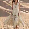 Vestido Largo sin Mangas de Cuello en V Estilo Bohemio de Alta Calidad en Capas para Mujer, Vestido Holgado Blanco Crudo con Dobladillo Ancho para Estilo Vacacional
