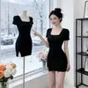 Vestido Sexy de Manga Corta Cuadrado de Verano 2026 para Mujeres Petites, Ajustado, Ceñido a la Cintura, Vestido Bodycon para Mujeres