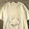 Camiseta retro de manga curta em seda de leite para homens e mulheres, design de gato fofo, top de meia-manga soltinho de verão, estampa unissex