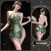 Ropa Interior Sexy Noche Dorada Estilo Chino Abertura Perla Cheongsam Estilo Puro Deseo Estampado Gradiente Conjunto Vestido Qqny