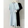 Vestido de Verano 2026 Tallas Grandes para Chicas Gorditas, Sencillo y Elegante, Adelgazante, Algodón Lavado, Ceñido a la Cintura, Vestido de Manga Corta para Mujer 0504