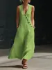 Primavera/Verano 2026 TikTok Transfronterizo Europeo y Americano Cuello en V Abotonado Algodón Lino Vestido Largo Sin Mangas Estilo Vacacional