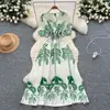 Vestido Estampado de Manga Corta con Cuello en V Estilo Retro Francés para Mujer Verano Estilo Bohemio de Resort Cintura Alta Ajustado Falda Larga