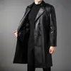 Chaqueta de Cuero para Hombre Leishibote 2026 Otoño/Invierno Nueva Larga Doble Botonadura Cuello de Solapa Gabardina de Cuero Urbana Chaqueta de Moda
