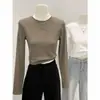Camiseta de Manga Larga de Color Sólido con Hombro Normal y Cuello Redondo Estilo Chica Caliente para Mujer, Top Corto Sencillo para Primavera, Otoño e Invierno, Adecuado para Usar en Capas y como Prenda Base