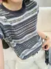 Camisa de Manga Corta Rayada 6% Lana Fina con Bloques de Color Únicos, Diseño Distintivo de Bloques de Color, Top Versátil de Verano para Mujer