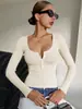 Camiseta de Manga Larga para Mujer, Estilo Nuevo de Chica Popular, Otoño/Invierno 2026, Comercio Exterior Transfronterizo, Cuello en U y Diseño de Media Botonadura, Top Ajustado