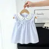 2026 Novo Vestido Azul Claro para Meninas Verão Laço Manga Flare Vestido Princesa Roupas de Verão para Bebês Atacado
