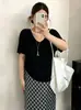Top de punto fino versátil con cuello en U para mujer talla grande, estilo Verano 2026, camiseta de manga corta holgada para mujeres con curvas