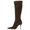 Botas Longas de Salto Alto Apontadas Femininas Simples Outono/Inverno Nova Moda Botas Elásticas Afuniladas Menina Picante Botas de Salto Alto Finas Versáteis