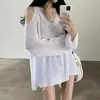Blusa de Punto Nueva de Primavera y Verano de Talla Grande con Escote en V y Hombros Descubiertos Holgada Casual de Estilo Perezoso Combinable con Todo Protector Solar Top Camiseta
