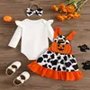 Traje de Halloween para Niñas de Comercio Exterior Top de Color Sólido con Mangas Abullonadas Overol con Estampado de Vaca y Calabaza Diadema Juego de Tres Piezas