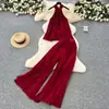 Traje de Vacaciones Puro Deseo para Mujer, Atmosphere, Tirante Halter, Top Irregular Plisado, Pantalones Anchos de Cintura Alta, Traje Casual