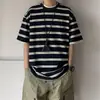 Moda Masculina Japonesa Streetwear Básico Peso Pesado Versátil Cuello Redondo Rayas Camiseta Verano Holgada Casual Manga Corta Hombre