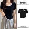 Camiseta de Manga Corta para Mujer, Nuevo Estilo Verano 2026, Falso Dos Piezas, Diseño Único, Versátil, Estilo Puro Deseo, Top Corto Ajustado