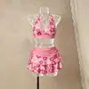 2026 Novo Estilo Conjunto de Três Peças com Saia e Gola Halter Floral Fato de Banho Emagrecedor para Férias Havaianas na Praia