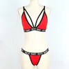 Traje de baño bikini de tres piezas transparente con letras europeo y americano, lencería sexy de verano, lencería sexy y coqueta para mujeres qqny