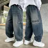 Jeans holgados de pierna ancha para niños, pantalones cargo de retazos lavados de moda, pantalones largos casuales para niños mayores, nuevo estilo de otoño