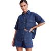 Transfronterizo Europeo y Americano Primavera y Verano 2025 Nuevo Retro Casual Holgado Pantalones con Bolsillo de Solapa Camisa de Manga Corta Shorts Traje de Mezclilla para Mujer