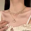 [Elegante e Decadente] Colar Pingente Pérola Doce Francês Franja de Cristal Corrente de Clavícula Empilhada