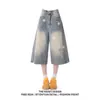 Shorts de Mezclilla con Estampado de Estrellas Desgastadas Estilo Retro Americano para Mujer, Nuevo Estilo de Verano, Corte Suelto, Súper Populares, Disponibles en Largo 3/4 y 8/10