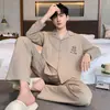 Pijama masculino 100% algodão, estilo primavera e outono, manga longa, calça longa, cardigã com lapela, simples e casual, adequado para usar como roupa de casa ou roupa externa
