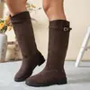 Botas Altas Retro de Gamuza Europeas y Americanas para Mujer Hebilla de Cuero Tacón Grueso Botas Largas Otoño e Invierno Botas de Caballero del Oeste Suministro Transfronterizo