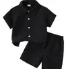 Novo Conjunto de Moda Infantil Masculino Verão Casual Estilo Coreano, Camisa Elegante de Manga Curta com Lapela e Shorts Respiráveis