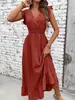 Vestido longo de alça V com babados e acinturado, atacado em estoque, novo modelo de verão, estilo europeu e americano transfronteiriço para férias na praia