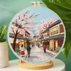 Cena de Rua com Flor de Cerejeira Japonesa Bordado à Mão Kit de Material para Bordado DIY Pintura Decorativa Redonda para Paisagem Sala de Estar Entrada