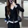 Cardigã Botão Comércio Exterior Falso Duas Peças Camiseta Manga Longa Feminina Outono Slim Camada Interna Roupa Externa Top Curto Base