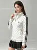 Sudadera chaqueta tipo americana con cuello alto de lunares, cierre de cremallera para mujer, con bordado de dos rayas, ceñida a la cintura, corta, deportiva, corte ajustado